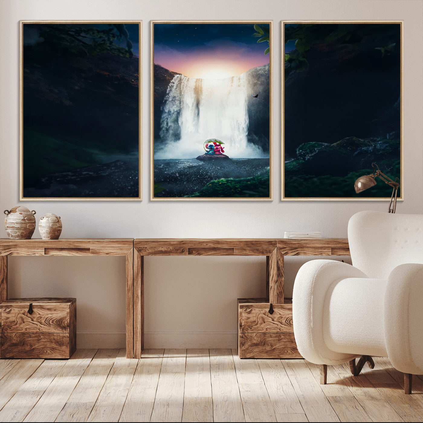 56359-MGV-CV-36X24-Lilo Stitch Wall Art Canvas Print, Framed Stitch Angel Art Picture Print, Cartoon Waterfall Perfect Tropical Fantasy Decor Artwork