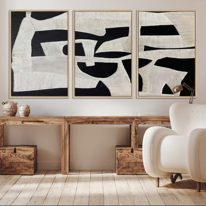 33714-MGV-CV-36X24-Monochrome Design Wall Art Canvas Print, Framed Modern Linework Art Picture Print, Textured Shapes Perfect Monochrome Modern Decor