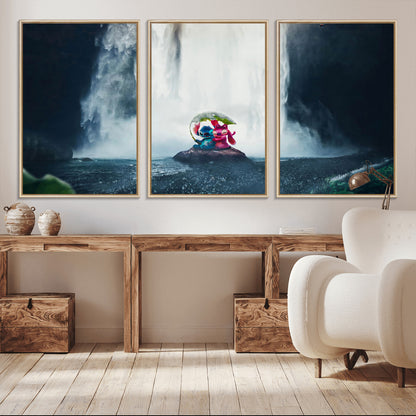 32259-MGV-CV-36X24-Stitch Angel Wall Art Canvas Print, Framed Stitch Waterfall Art Picture Print, Cartoon Couple Perfect Moody Fantasy Decor Artwork