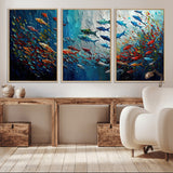 89626-MGV-CV-36X24-Fish Swarm Wall Art Canvas Print, Framed Abstract Ocean Art Picture Print, Underwater Life Perfect Vibrant Coastal Decor Artwork