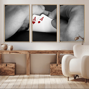 62460-MGV-CV-36X24-Poker Game Wall Art – Close Up of Hands Holding Aces with Chips, Casino Style Decor for Game Room, Man Cave or Office