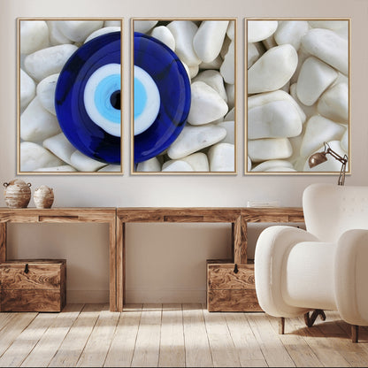 48883-MGV-CV-36X24-Evil Eye Wall Art – Deep Blue Symbol of Presence and Calm on White Stones, Subtle Spiritual Decor for Entryway, Studio, Office or