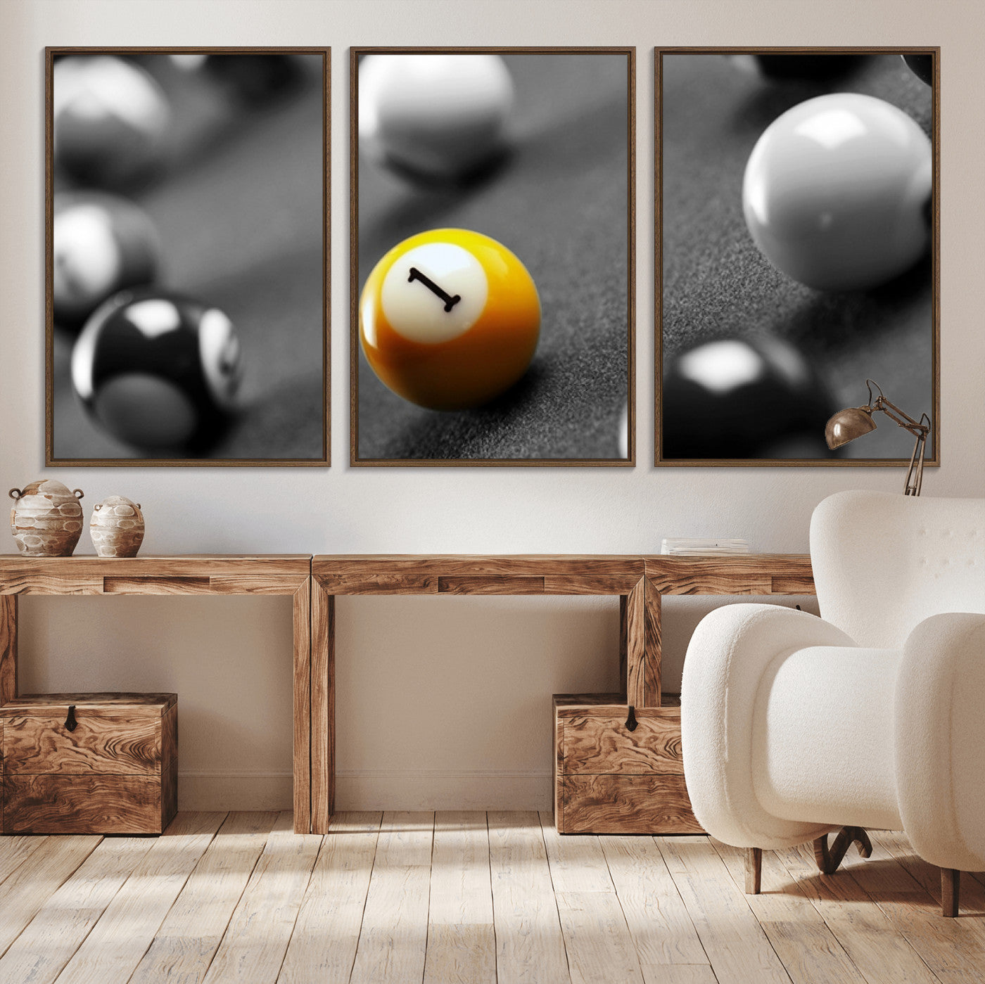 52108-MGV-CV-36X24-Precision Pool Table Wall Art – Close Up Yellow 1 Ball Canvas Print, Hand-Played Billiards Game Decor for Office, Game Room, or