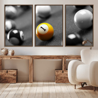 52108-MGV-CV-36X24-Precision Pool Table Wall Art – Close Up Yellow 1 Ball Canvas Print, Hand-Played Billiards Game Decor for Office, Game Room, or