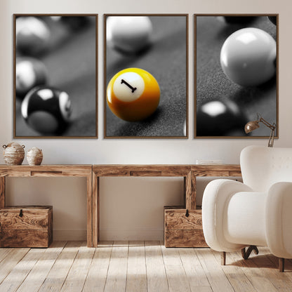 52108-MGV-CV-36X24-Precision Pool Table Wall Art – Close Up Yellow 1 Ball Canvas Print, Hand-Played Billiards Game Decor for Office, Game Room, or
