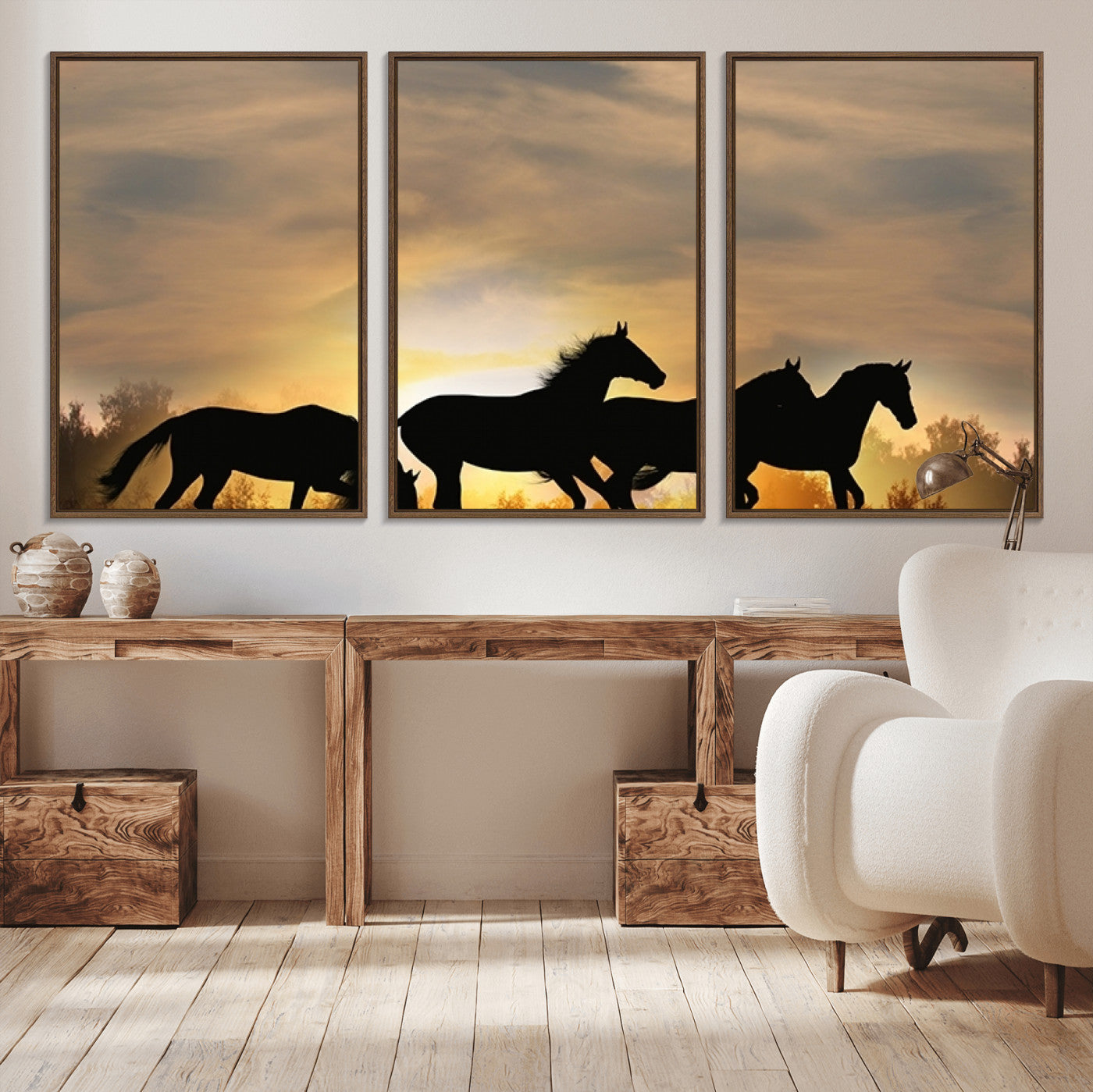16620-MGV-CV-36X24-Sunset Stallions Wall Art – Silhouetted Horses Running Canvas Print, Nature’s Rhythm, Perfect for Living Room, Office, or Man Cave