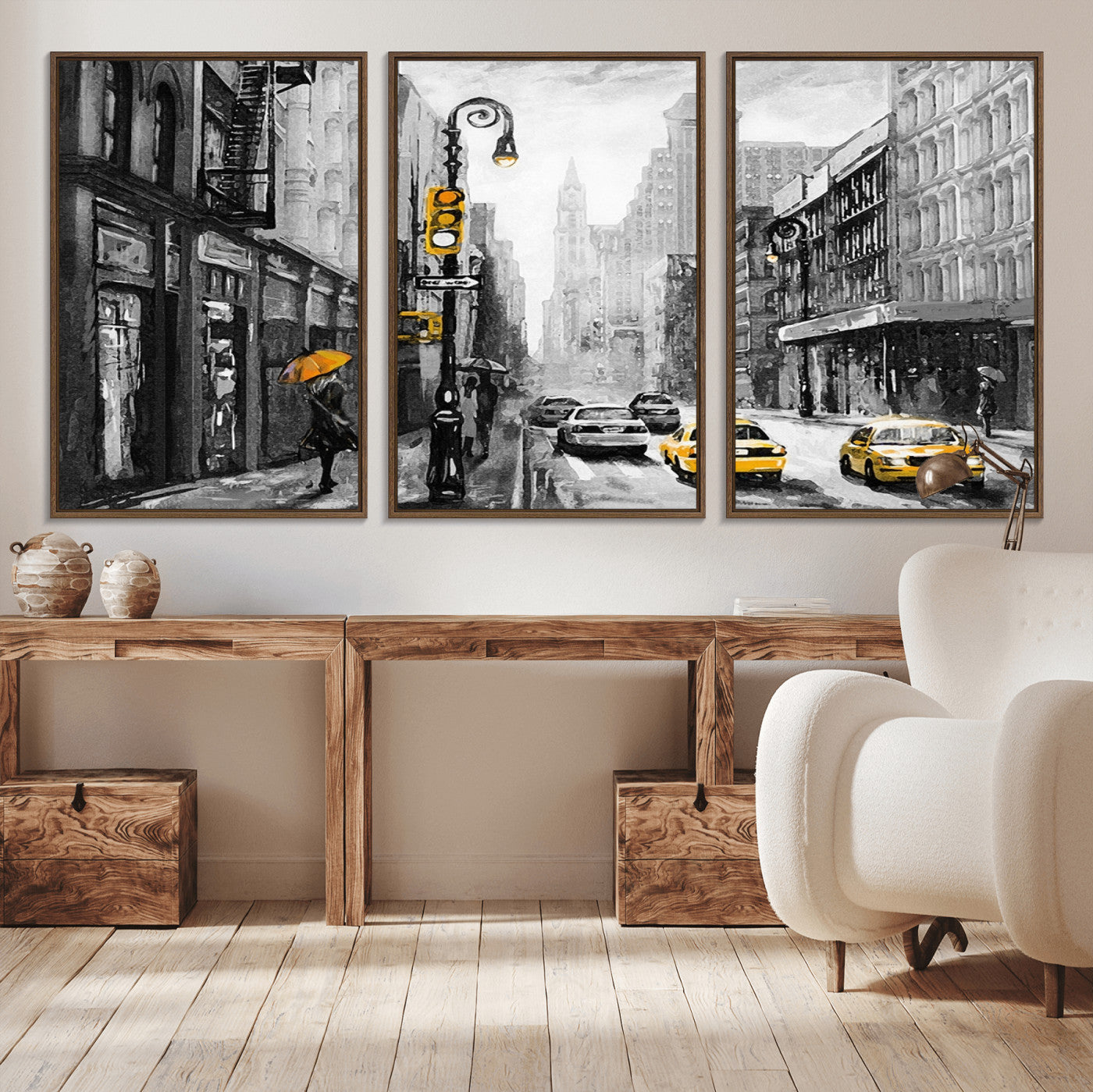 32362-MGV-CV-36X24-NYC Street Wall Art – Black and White Cityscape with Yellow Taxis and Umbrella Canvas Print, Urban Home Decor for Living Room or