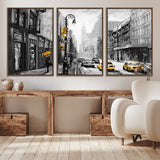 32362-MGV-CV-36X24-NYC Street Wall Art – Black and White Cityscape with Yellow Taxis and Umbrella Canvas Print, Urban Home Decor for Living Room or