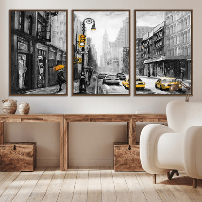 32362-MGV-CV-36X24-NYC Street Wall Art – Black and White Cityscape with Yellow Taxis and Umbrella Canvas Print, Urban Home Decor for Living Room or
