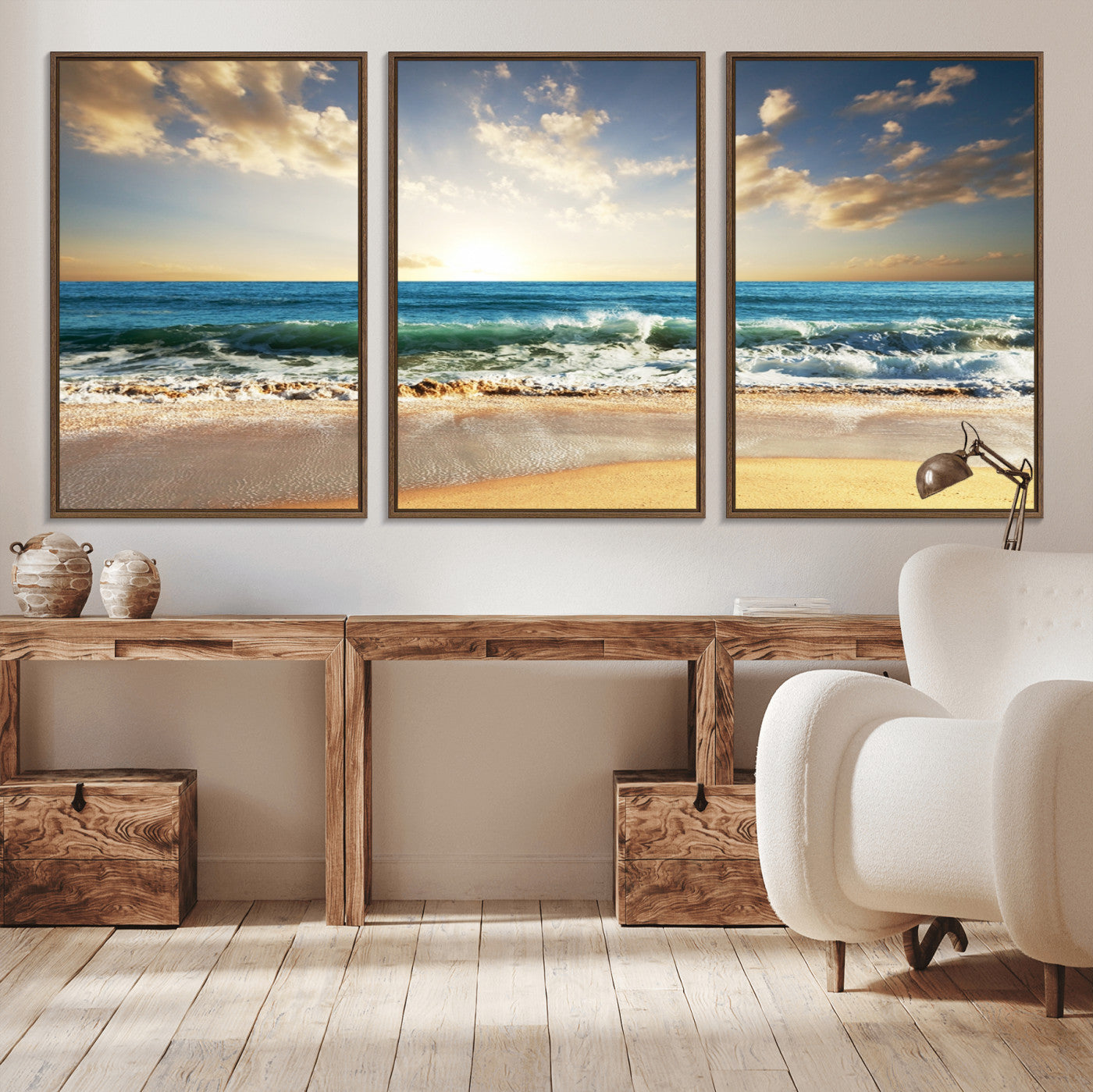 13139-MGV-CV-36X24-Sunrise Beach Wall Art – Ocean Waves and Golden Sand Canvas Print, Coastal Home Decor for Living Room, Bedroom, or Office