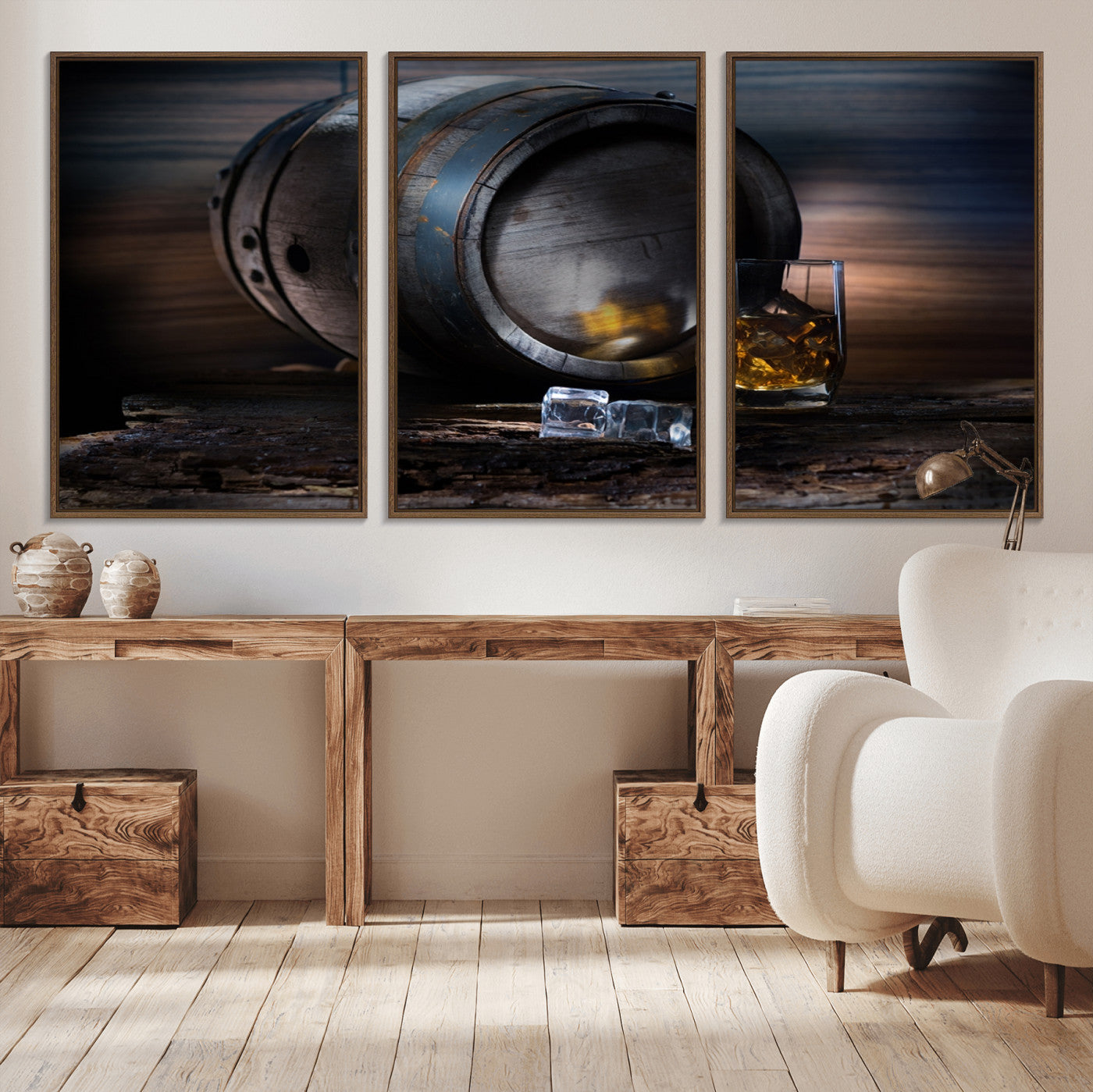 78049-MGV-CV-36X24-Whiskey Barrel Wall Art – Rustic Whiskey Barrel and Glass with Ice Canvas Print, Classic Bar or Lounge Decor for Home, Office, or
