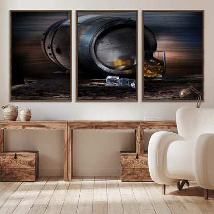78049-MGV-CV-36X24-Whiskey Barrel Wall Art – Rustic Whiskey Barrel and Glass with Ice Canvas Print, Classic Bar or Lounge Decor for Home, Office, or