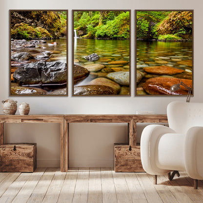 98096-MGV-CV-36X24-Serene River Waterfall Nature Photo – Calm Clear Water, Vibrant Green Forest and Smooth Stones Landscape Wall Art for Home or