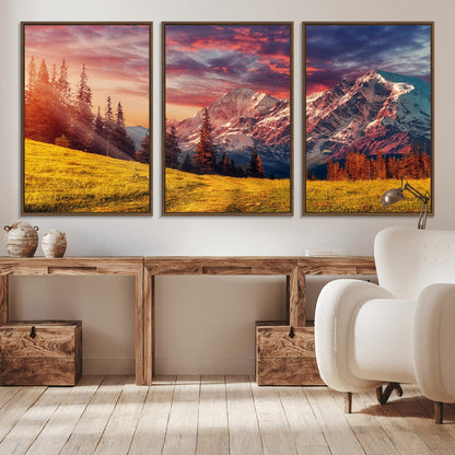 83947-MGV-FC-60X30-3P_Walnut-Sunset Mountain Landscape Wall Art – Panoramic Alpine Meadow and Snow Capped Peaks Canvas Print, Nature Scenic Decor for Home,