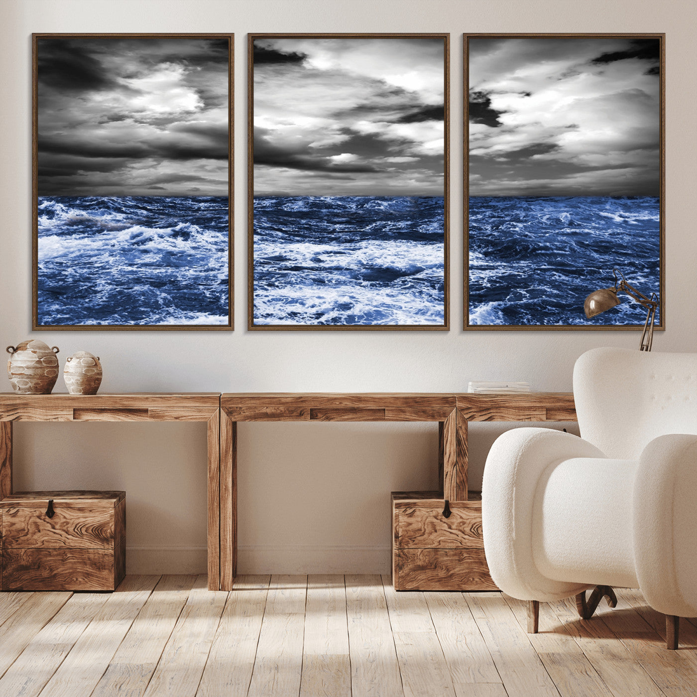 36012-MGV-CV-36X24-Dramatic Stormy Ocean Waves Black and White with Deep Blue Highlights – Moody Seascape Wall Art, Nature Photography Print for Home
