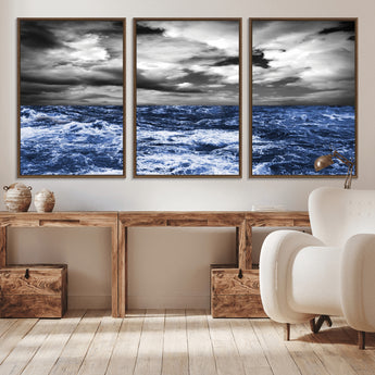 36012-MGV-CV-36X24-Dramatic Stormy Ocean Waves Black and White with Deep Blue Highlights – Moody Seascape Wall Art, Nature Photography Print for Home