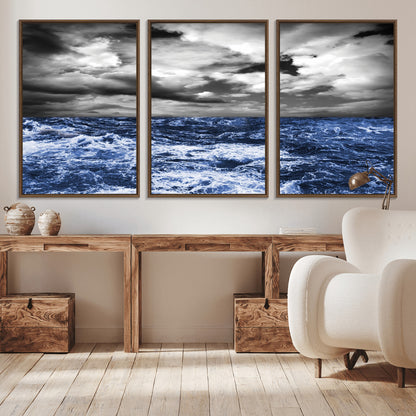 36012-MGV-CV-36X24-Dramatic Stormy Ocean Waves Black and White with Deep Blue Highlights – Moody Seascape Wall Art, Nature Photography Print for Home