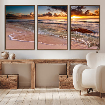 38302-MGV-CV-36X24-Sunset Beach Wall Art – Stunning Ocean Waves and Rock Canvas Print, Warm Coastal Decor for Living Room, Bedroom, Office or Beach