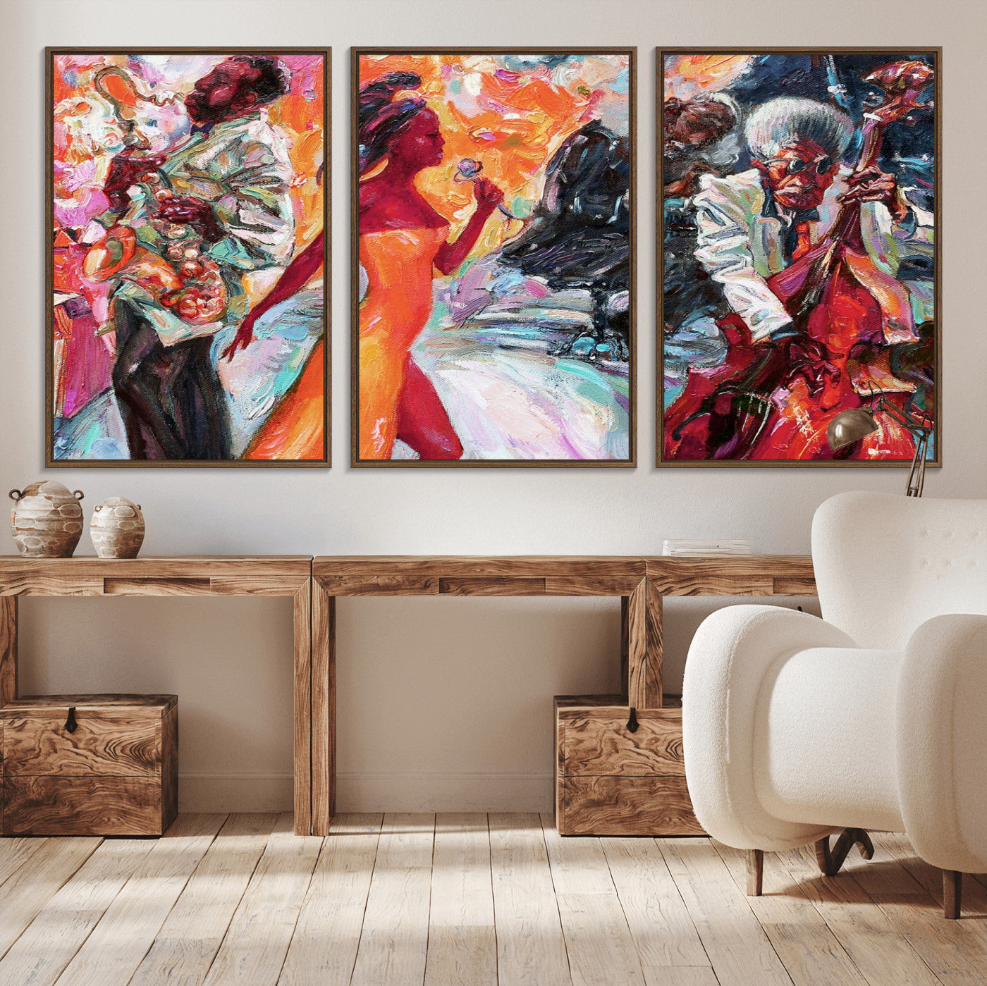 24452-MGV-CV-36X24-Vibrant Jazz Musician Painting - Expressive Art Print of Live Jazz Band, Perfect Wall Decor for Music Lovers and Art Enthusiasts