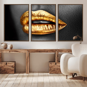 84747-MGV-CV-36X24-Golden Lips Black & White Portrait – Glamorous Metallic Lip Art Print, Modern Wall Decor for Bedroom, Beauty & Fashion Lover Gift