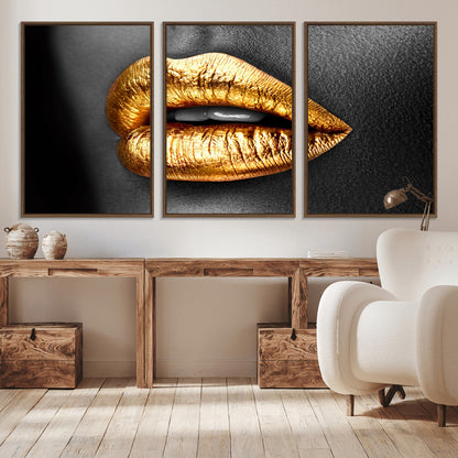84747-MGV-CV-36X24-Golden Lips Black & White Portrait – Glamorous Metallic Lip Art Print, Modern Wall Decor for Bedroom, Beauty & Fashion Lover Gift