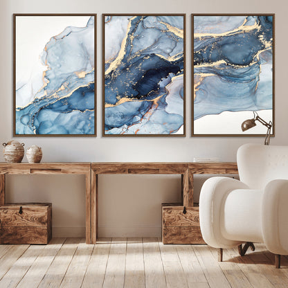 33782-MGV-CV-36X24-Abstract Marble Wall Art – Blue & Gold Fluid Painting Canvas Print, Modern Home Decor for Living Room, Bedroom or Office