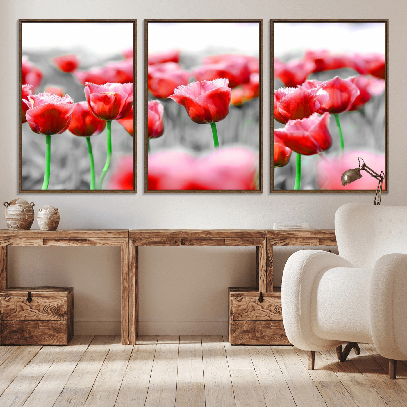 44554-MGV-CV-36X24-Vibrant red tulips stand out beautifully against a black-and-white background, making a striking decor piece perfect for any home