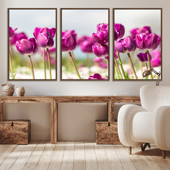 30632-MGV-CV-36X24-Purple Tulip Field Wall Art – Beautiful Spring Flowers Canvas Print with Soft Focus and Bright Sky, Ideal Floral Decor for Home or