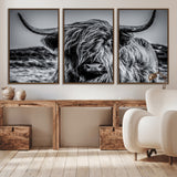 97372-MGV-CV-36X24-Elegant Highland Cow Wall Art – Black and White Canvas Print, Rustic Nature Decor for Home, Office, Living Room or Man Cave