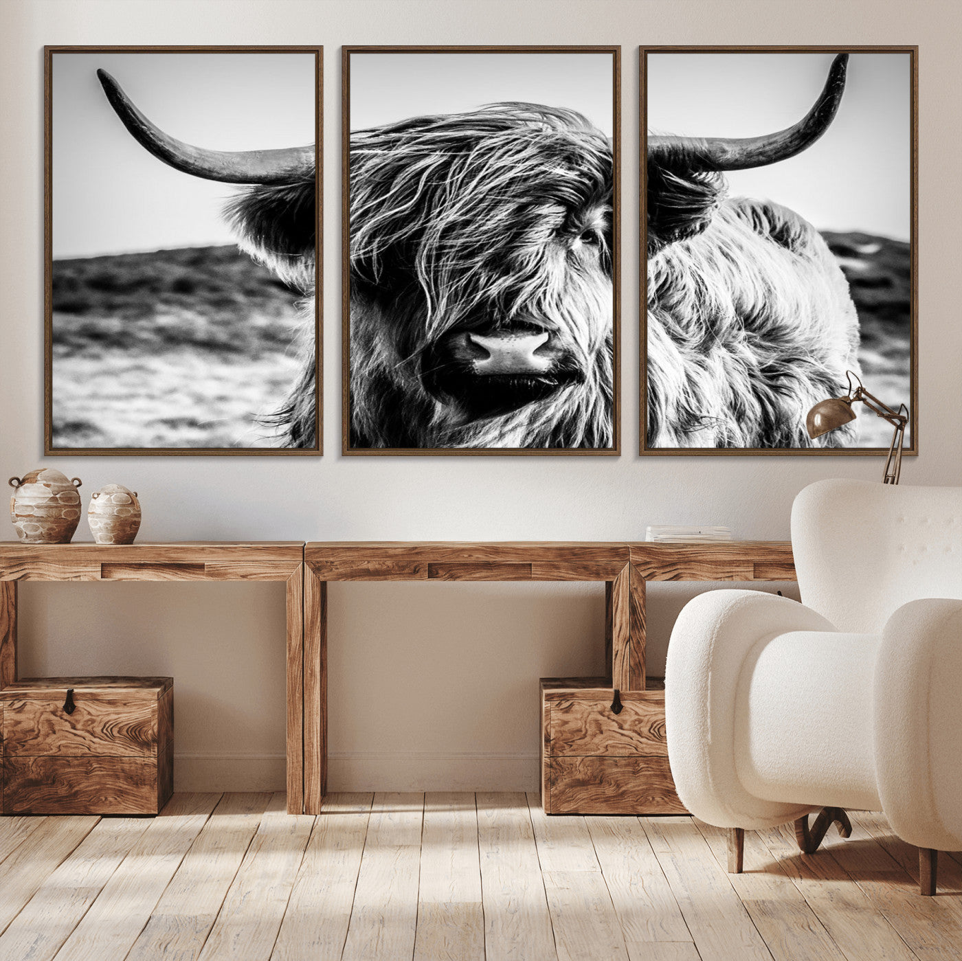36979-MGV-CV-36X24-Striking black-and-white portrait of a Highland cow with flowing fur and majestic horns, perfect for rustic and elegant home or