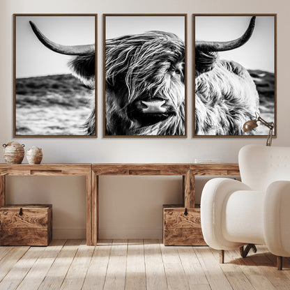 36979-MGV-CV-36X24-Striking black-and-white portrait of a Highland cow with flowing fur and majestic horns, perfect for rustic and elegant home or