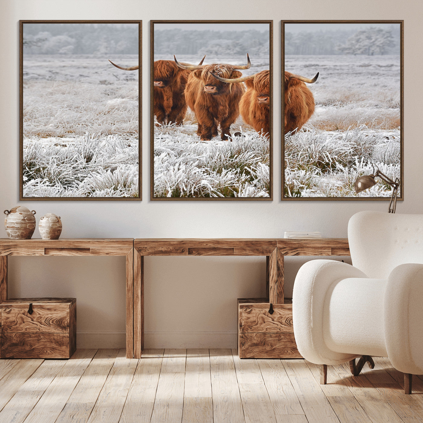 10396-MGV-CV-36X24-Highland Cattle Wall Art – Rustic Winter Landscape Canvas Print, Farmhouse Decor for Living Room, Office, Cabin or Country Home