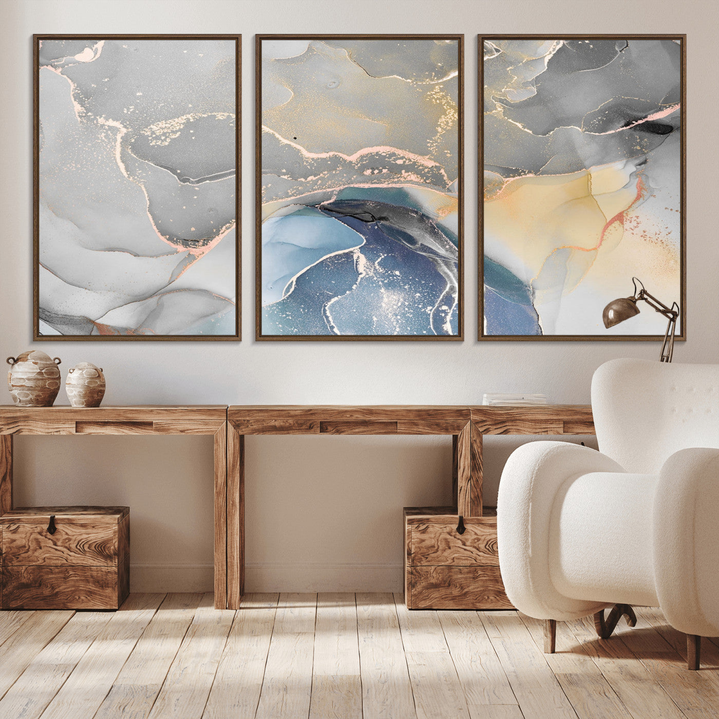 63211-MGV-CV-36X24-Abstract Fluid Art Wall Decor – Blue, Gray & Gold Canvas Print, Modern Home and Office Wall Art Decor for Living Room, Bedroom or