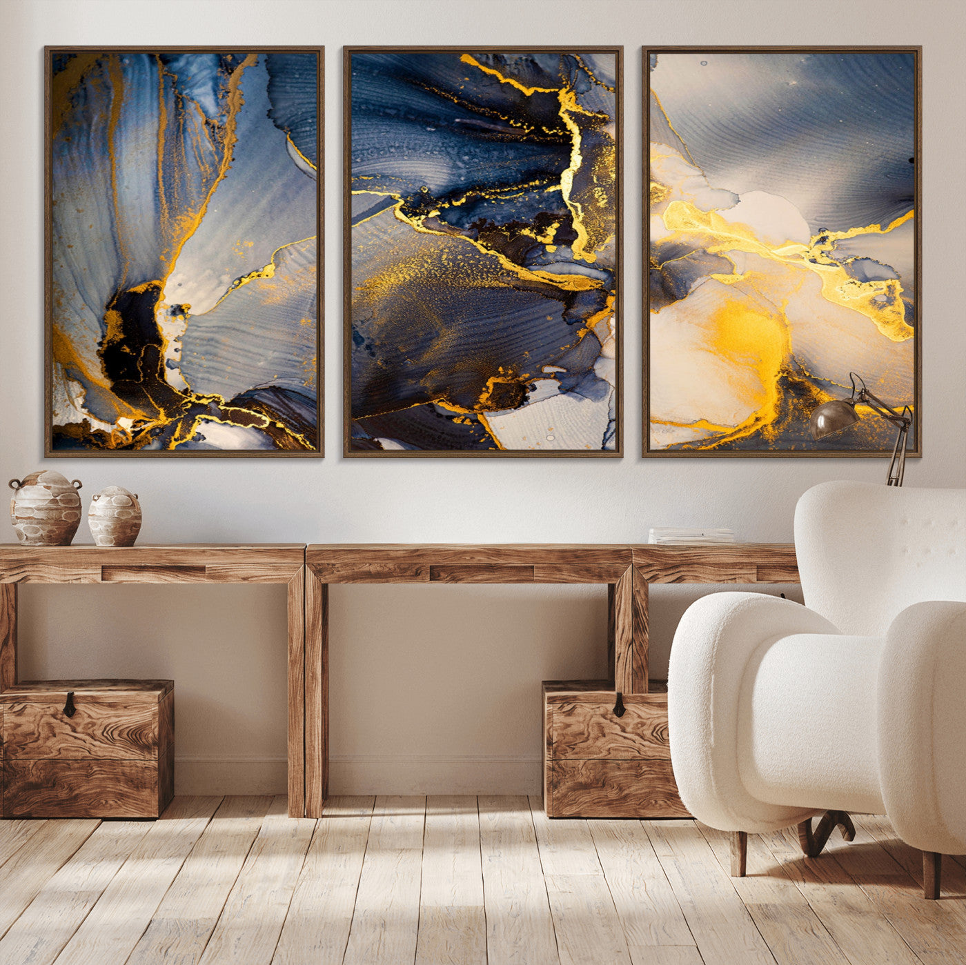 42100-MGV-CV-36X24-Golden Flow Abstract Wall Art – Panoramic Modern Blue and Gold Canvas Print, Contemporary Artistic Decor for Home, Office