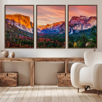 24519-MGV-CV-36X24-Yosemite Valley Sunset Wall Art – Majestic Mountain Landscape with Waterfall and Vibrant Sky, Nature Photography for Home or