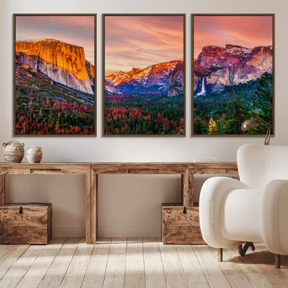 24519-MGV-CV-36X24-Yosemite Valley Sunset Wall Art – Majestic Mountain Landscape with Waterfall and Vibrant Sky, Nature Photography for Home or