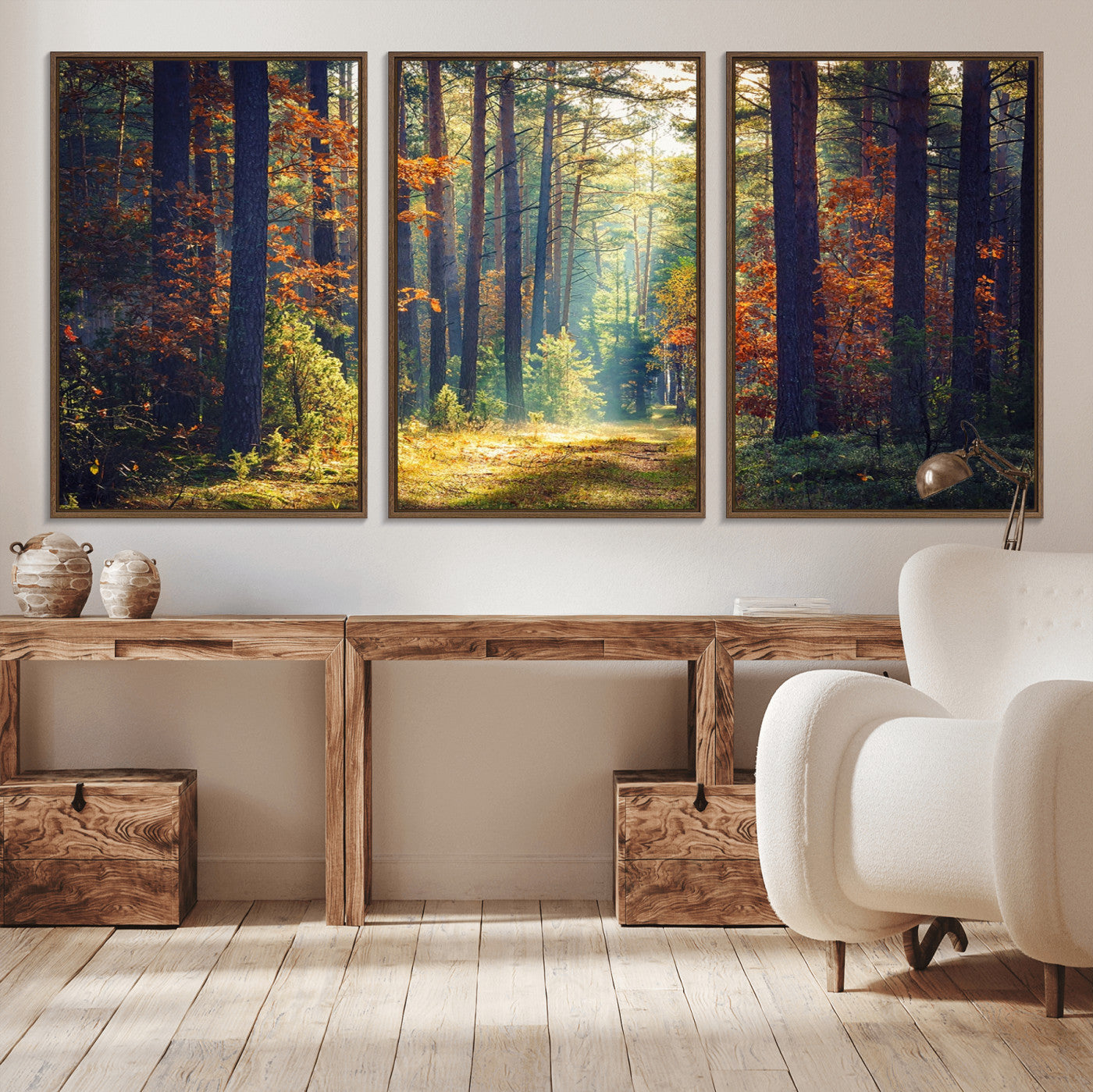 86249-MGV-CV-36X24-Sunlit Autumn Forest Path Wall Art – Peaceful Nature Scene with Fall Foliage, Calming Woods Decor for Home or Office