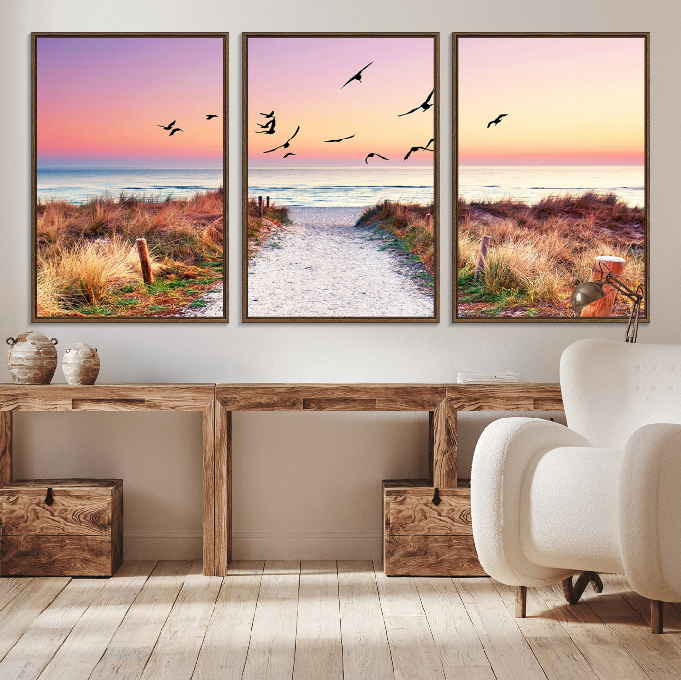 54411-MGV-CV-36X24-Beach Path with Birds Wall Art – Coastal Sunset Ocean Canvas Print, Seaside Nature Landscape Photography for Living Room, Bedroom