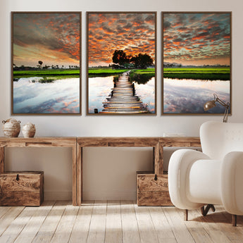 29105-MGV-CV-36X24-Rustic Wooden Bridge Wall Art – Scenic Sunset Over Rice Fields and Reflective Water Canvas Print, Nature Landscape Decor for