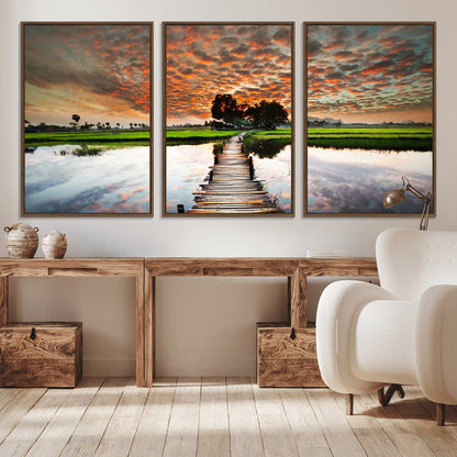 29105-MGV-CV-36X24-Rustic Wooden Bridge Wall Art – Scenic Sunset Over Rice Fields and Reflective Water Canvas Print, Nature Landscape Decor for