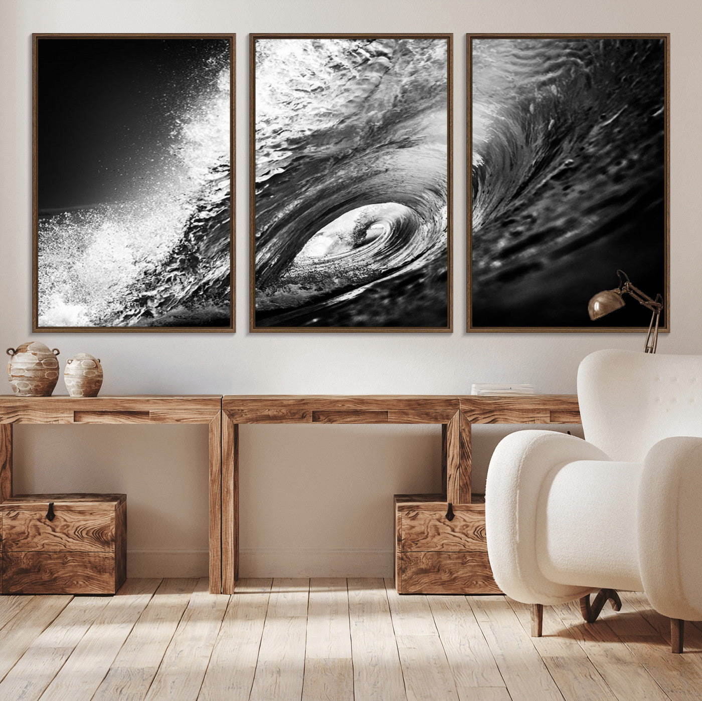 22702-MGV-CV-36X24-Black and White Ocean Wave Wall Art – Powerful Surf Curl Photography Canvas Print, Modern Coastal Decor for Living Room, Office or