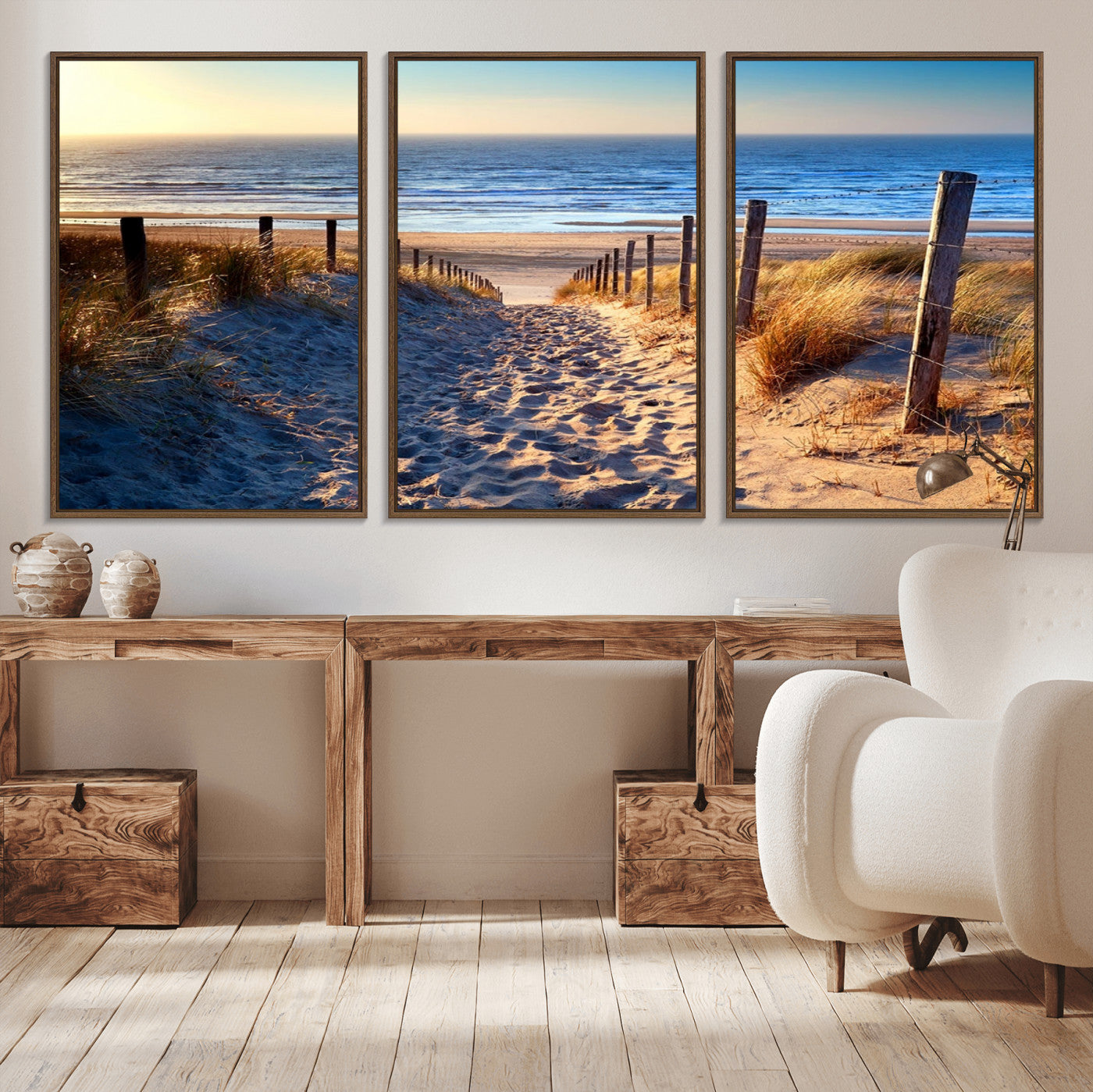 31889-MGV-CV-36X24-Sandy Beach Pathway Wall Art – Coastal Dune Fence and Ocean View Canvas Print, Relaxing Seaside Landscape Decor for Living Room or