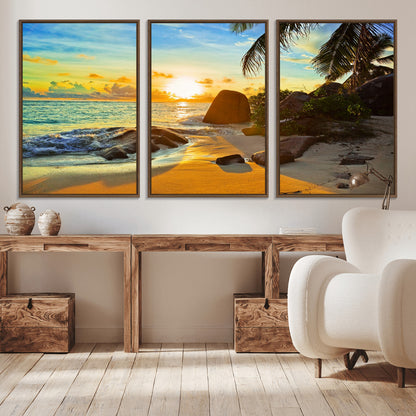 26181-MGV-CV-36X24-Golden Tropical Sunset Beach Wall Art – Ocean Canvas Print with Palm Trees and Rocks, Coastal Paradise Decor for Living Room or