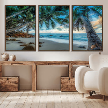 39679-MGV-CV-36X24-Tropical Palm Beach Wall Art – Serene Ocean Canvas Print with Palm Trees and Rocks, Coastal Paradise Decor for Living Room or