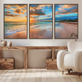 41572-MGV-CV-36X24-Sunset Beach Wall Art – Ocean Waves and Palm Trees Canvas Print, Tropical Coastal Sunset Seascape Decor for Living Room, Bedroom