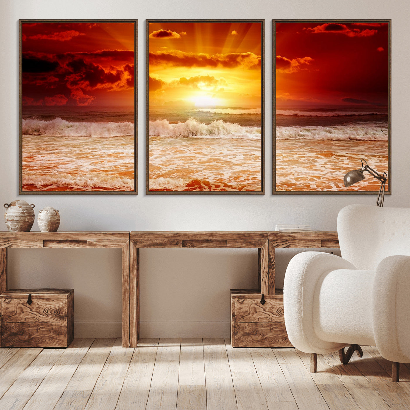 60211-MGV-CV-36X24-Fiery Sunset Ocean Wall Art – Red Sky Seascape Canvas Print with Waves, Bold Coastal Sunset Decor for Living Room or Bedroom