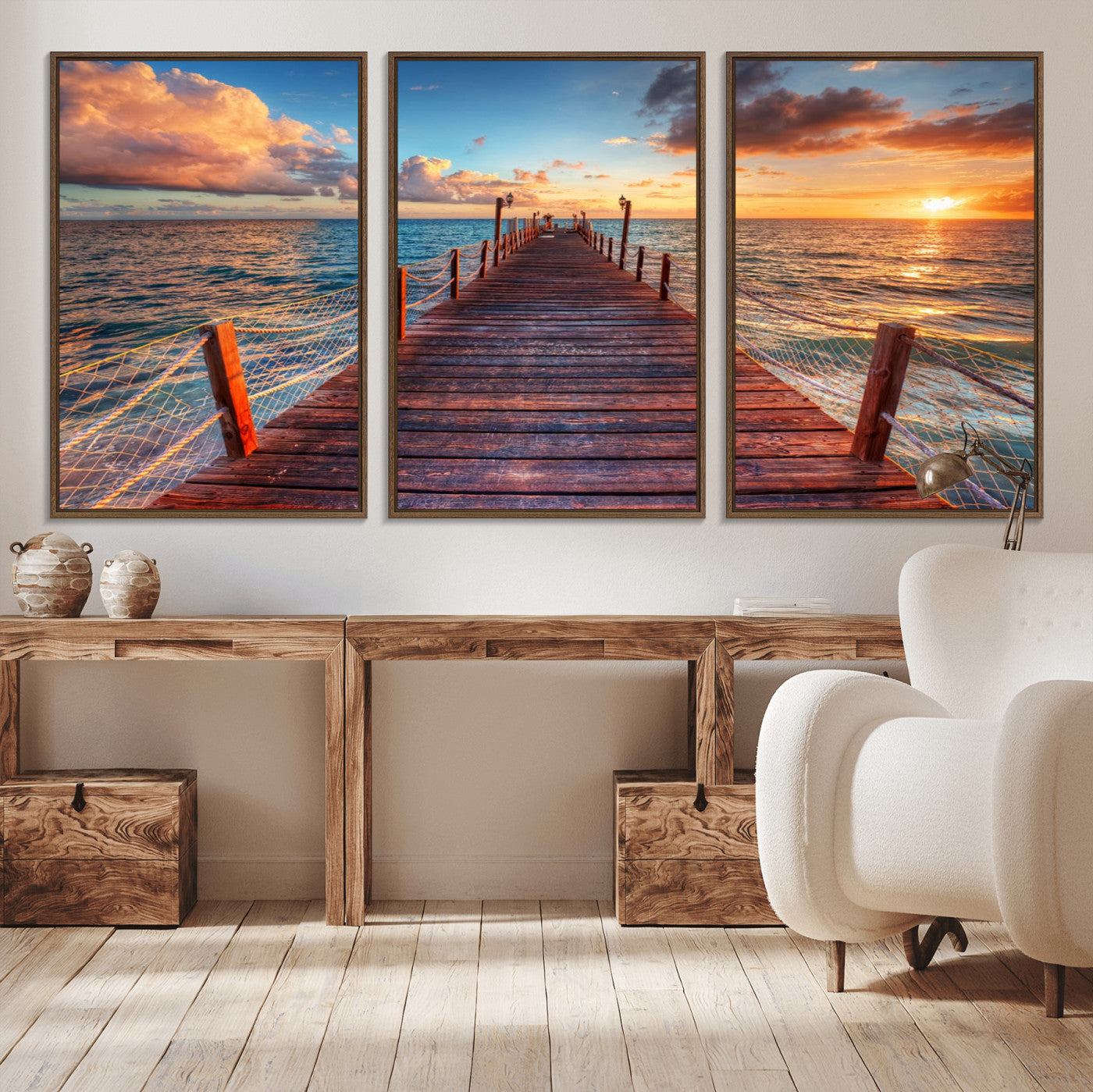 28836-MGV-CV-36X24-Ocean Pier Sunset Wall Art – Wooden Dock and Golden Horizon Canvas Print, Coastal Seascape Photography for Living Room, Bedroom,