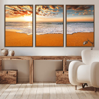 15399-MGV-CV-36X24-Golden Sunrise Beach Wall Art – Ocean Waves on Sandy Shore Canvas Print, Coastal Seascape Decor for Living Room or Bedroom