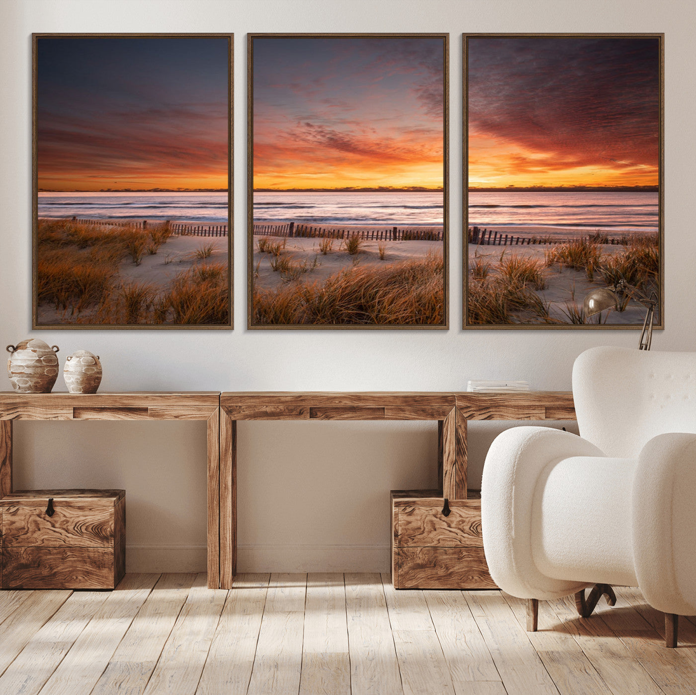 90176-MGV-CV-36X24-Beach Sunset Wall Art – Coastal Sand Dune Canvas Print with Ocean Waves and Dramatic Sky, Seaside Landscape Decor for Living Room
