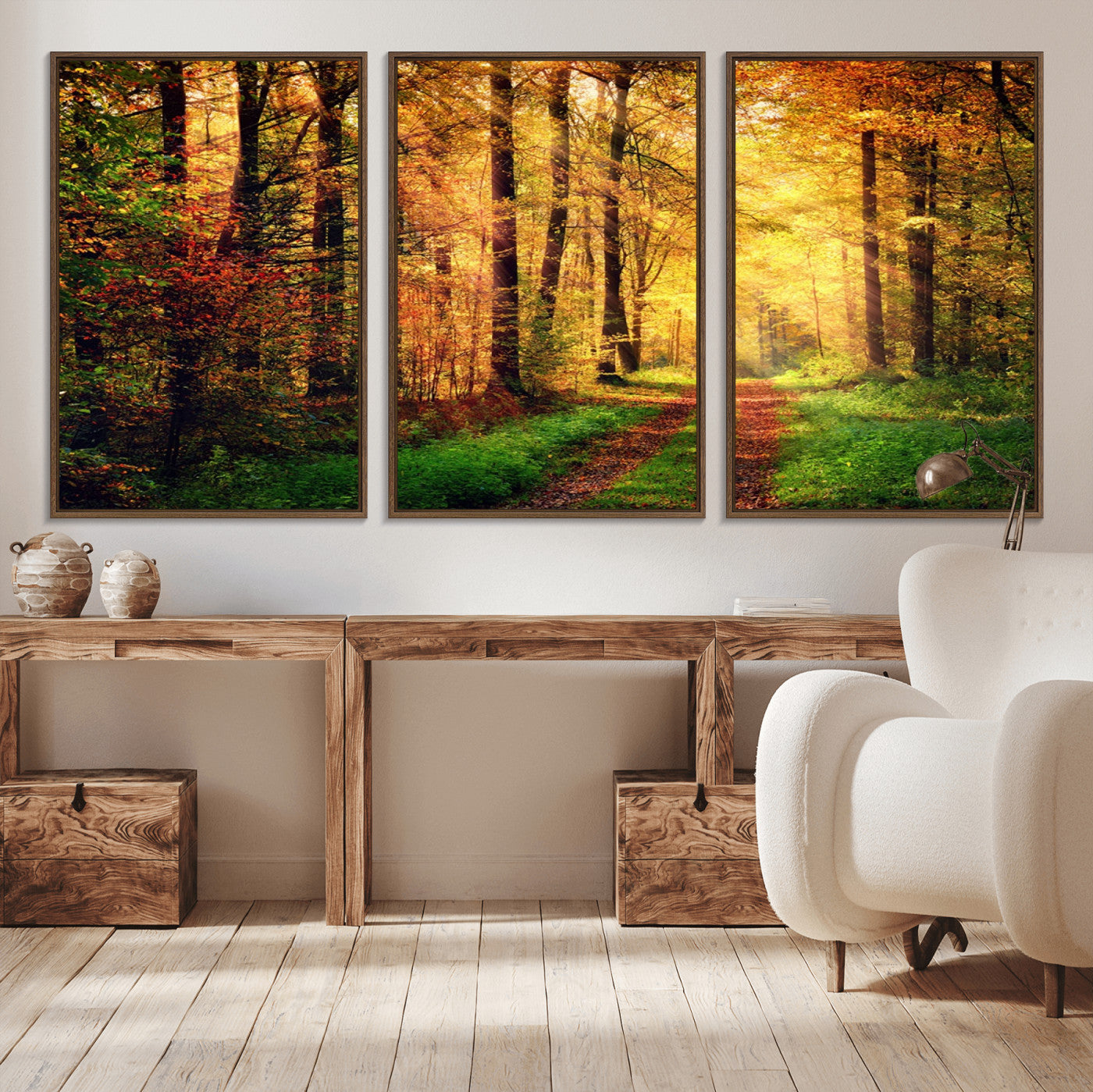 73494-MGV-CV-36X24-Golden Autumn Forest Path Wall Art – Sunlit Woodland Canvas Print, Fall Nature Landscape Home Decoration